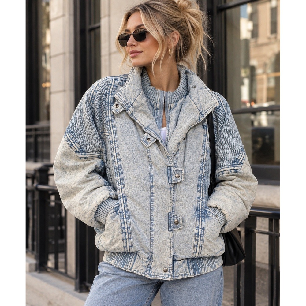 Vintage 80s IZZI Acid Wash Denim Bomber Jacket Quilted Lined Size M